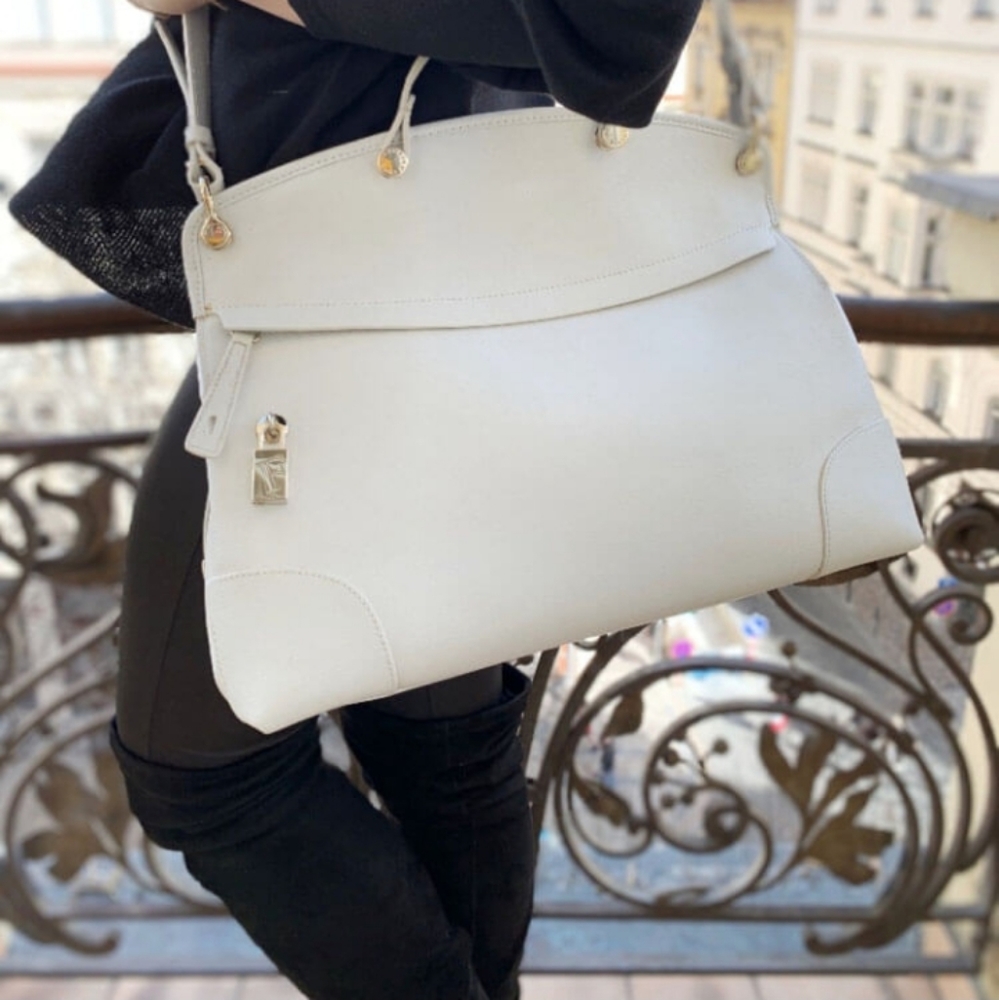 Furla Winter White Soft Beige Piper Saffiano Leather Tote Crossbody Bag